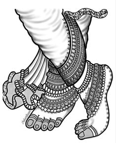 an elephant with intricate patterns on its body and feet, in black and white ink