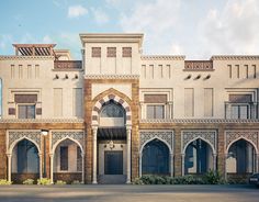 an artistic rendering of a large building with arches and arched doorways on the front