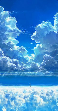 the sky is filled with fluffy clouds and bright blue water, as if it were floating in