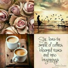 two cups of coffee sitting on top of a wooden table next to flowers and birds