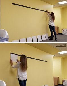 two pictures of a woman hanging on the wall and another photo of a person standing in front of a dry erase board