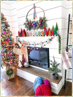 Christmas Mantel Decorating Ideas - Like what you found? Please do not hesitate to visit for more - Click to Visit NOW! Holiday Embroidery, Christmas Decor Inspiration, Christmas Inspo, Home Tours, Christmas Mantels, Whimsical Christmas, Colorful Christmas Tree