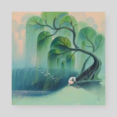 a painting of a woman sitting under a tree in the middle of a swampy area