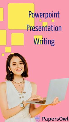 a woman holding a laptop computer in her hand with the words powerpoint presentation writing on it