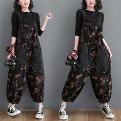 Insight is the first condition of Art. Casual Black Jumpsuit, Black Denim Overalls, Womens Black Jumpsuit, Sewing Fashion, Retro Mode, Floral Denim, Loose Jeans, Baggy Pants