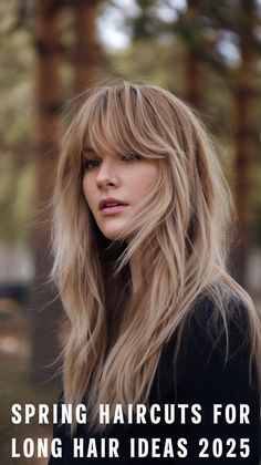 Discover the elegance of spring haircuts for long hair ideas 2025 with this effortlessly layered style featuring soft, wispy bangs. Perfect for adding movement and volume, this look is a springtime staple! 🌸 Ideal for casual outings or a polished statement. #SpringHaircuts #2025HairTrends #LongHairGoals