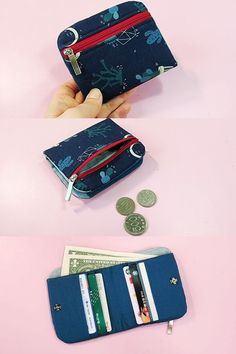 a hand holding a wallet with money and other items surrounding it on a pink background