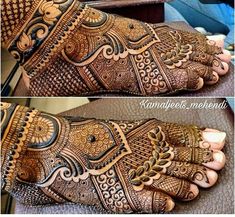 the hands and feet of a woman with henna tattoos