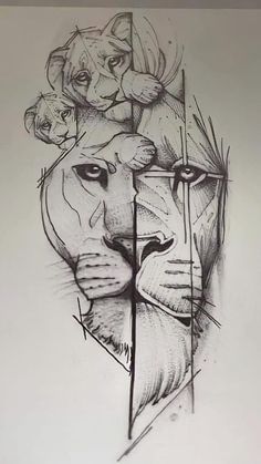 a black and white drawing of a lion's face with arrows coming out of it