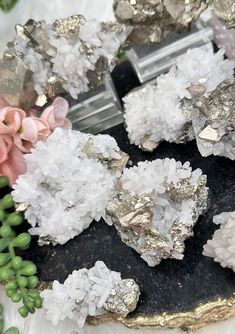 Peru White Quartz Gold Pyrite Crystal Clusters Unique White Geodes As Gift, Unique White Geodes For Gift, Crystal Specimens, Growing Together, Crystal Clusters, Large Abstract Wall Art, Pyrite Crystal, Raw Crystals, Rocks And Gems