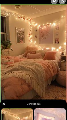 an image of a bedroom decorated in pink and white with fairy lights on the wall