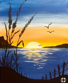 a painting of a sunset with seagulls flying over the water