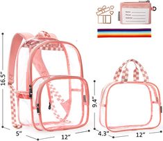 Durable Pink Clear Bookbags Transparent Backpack Zipper closure Clear backpack :H16.5''xW12''xD5，carry hand bag:H9.4''xW12''xD4.3 Get free elastic headband + name card with this stylish backpack Transparent Backpack, Clear Backpack, Stylish Backpack, Winter Knit Hats, Stylish Backpacks, Elastic Headband, Name Card, Pink Backpack, Boot Accessories