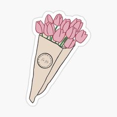 a bouquet of pink tulips in a paper bag sticker on a white background