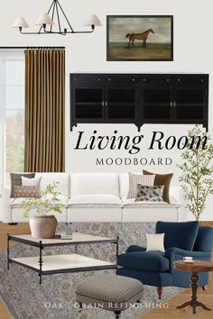 living room mood board with furniture and decor