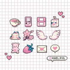 pixel art with different types of objects on the gridded background, including pink and white