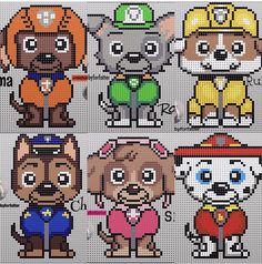 cross stitch pattern with dogs and fireman's hats on the front, in different colors