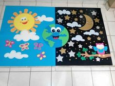 there are two pictures on the floor with stars and moon in them, one has an owl