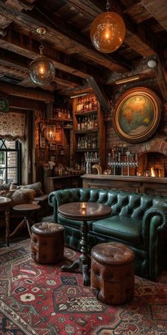 a living room filled with furniture and a fire place next to a bar covered in bottles