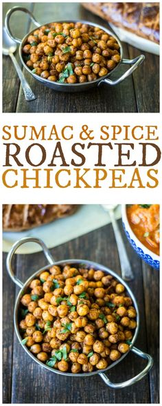 the recipe for summac and spice roasted chickpeas is shown in two different pans