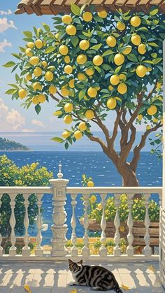 a painting of a cat sitting on a porch next to a tree with lemons hanging from it