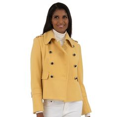 The military style and cropped length gives this petites' Fleet Street jacket trendy winter style. The military style and cropped length gives this petites' Fleet Street jacket trendy winter style. Wool blend Wind-resistant shell Button front Long sleeves with epaulets decorating the shoulders 2 pockets No HoodFIT & SIZING 22-in. approximate length from center back to hem Designed to hit just below the waist Double-breasted design Cropped length MidweightFABRIC & CARE Wool, polyester, acrylic, n Street Jacket, Fleet Street, Trendy Winter, Plus Size Outerwear, Wool Blend Jacket, Military Style, The Military, Winter Style, Military Fashion