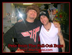 two men standing next to each other in front of a kitchen counter with the caption pete from the fall - out boys