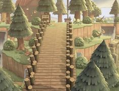 an animated landscape with many trees and stairs