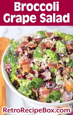 broccoli, grapes and bacon salad in a white bowl with text overlay