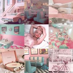 a collage of pink and blue rooms with furniture