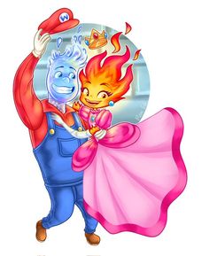 an image of a man and woman dressed as cartoon characters holding each other in their arms