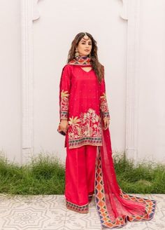 Pakistani Reddish Pink Kameez Trouser and Dupatta Dress Online – Nameera by Farooq Naqshi Raw Silk Traditional Wear For Party, Naqshi Embellished Salwar Kameez For Party, Naqshi Salwar Kameez With Traditional Drape For Party, Naqshi Salwar Kameez For Party With Traditional Drape, Party Straight Kurta With Naqshi Details, Party Traditional Wear With Naqshi On Chanderi, Party Naqshi Straight Kurta, Bollywood Traditional Wear With Naqshi For Party, Red Jamawar Anarkali Set With Resham Embroidery