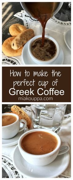 coffee being poured into two cups with bread on the side and another cup filled with hot chocolate