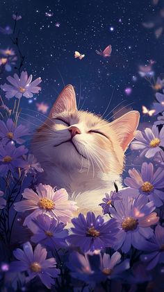 a painting of a cat sleeping in the middle of purple flowers with butterflies flying around