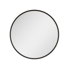 a round mirror is shown against a white background with black trim and an oval frame