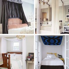 four different rooms with white walls and black drapes on the ceiling, one has a canopy bed