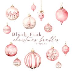 pink christmas baubles clipart set with ornaments in watercolor and hand drawn style