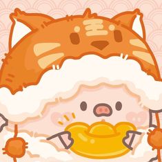 an orange cat is holding a yellow duck in it's paws and wearing a santa claus hat