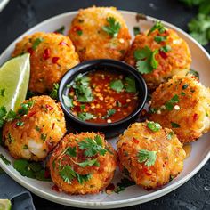 a white plate topped with crab cakes next to a small bowl of salsa and lime wedges