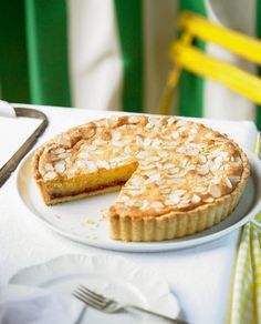 a pie sitting on top of a white plate