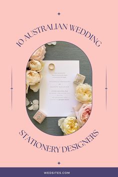 a wedding stationery with flowers and rings on it is featured in the australian wedding stationery designer's website