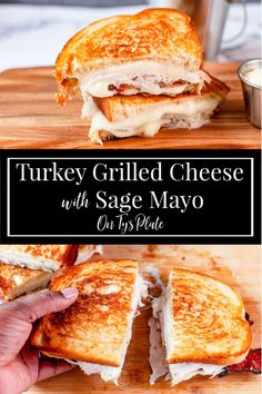 turkey grilled cheese with sage mayo on a cutting board