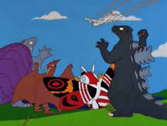 an animated scene with godzillas and other animals in the foreground, on a blue sky background