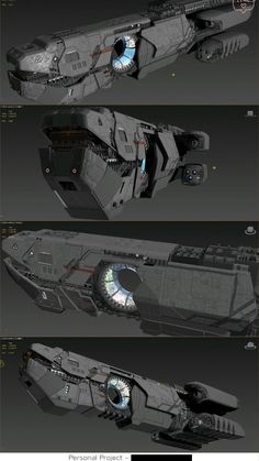 three different views of a futuristic ship