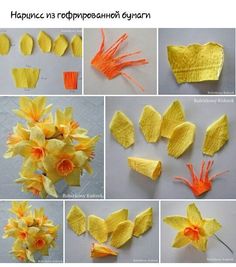 several pictures of different flowers made out of crepe paper