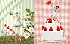 a collage of two photos one with a woman on top of a cake and the other with strawberries