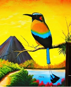 a painting of a colorful bird perched on a tree branch with mountains in the background