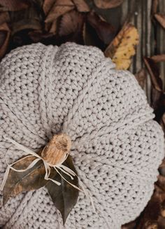 a white knitted pumpkin sitting on top of leaves