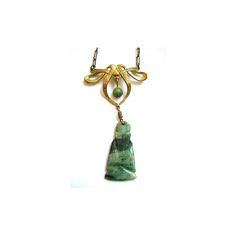 "The bow on this necklace gives such a unique touch to this circa 1920s pendant. The gold filled bow is delicately engraved and hosts a small jade ball that dangles between it's longer ribbons. Hanging from these ribbon is a jade Buddha. The pendant piece is attached to a yellow-gold filled paper-clip chain adorned with two additional small jade balls. The chain is held on your neck by a spring ring clasp of the old style. Unsigned. This pendant is in excellent condition and measures 20\" in its Elegant Engraved Jade Necklace, Elegant Green Jewelry With Vintage Charm, Elegant Ceremonial Necklaces With Vintage Charm, Elegant Vintage Charm Necklace For Ceremonial Occasions, Vintage Jade Necklace For Formal Occasions, Jade Buddha Necklace, Seed Bead Purse, Jade Buddha, Buddha Necklace