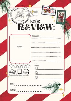 a book review with christmas decorations on the front and back cover, in red and white stripes